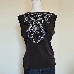 WHBM Embroidered Black Top